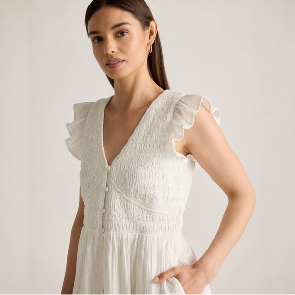 Quince Organic Textured Cotton Smocked V-Neck Midi Dress White Large - Picture 3 of 14